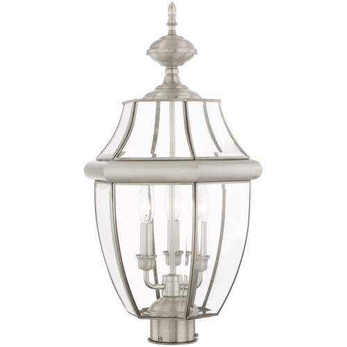 3 Light Brushed Nickel Outdoor Post Lantern Pendant Lighting Fixture with Clear Beveled Glass Shade-Lighting LumensLantern