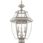 3 Light Brushed Nickel Outdoor Post Lantern Pendant Lighting Fixture with Clear Beveled Glass Shade-Lighting LumensLantern