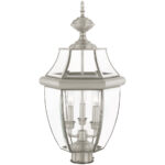 3 Light Brushed Nickel Outdoor Post Lantern Pendant Lighting Fixture with Clear Beveled Glass Shade-Lighting LumensLantern