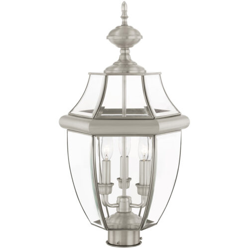 3 Light Brushed Nickel Outdoor Post Lantern Pendant Lighting Fixture with Clear Beveled Glass Shade-Lighting LumensLantern