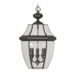 3 Light Black Outdoor Chain Lantern Pendant Lighting Fixture with Clear Beveled Glass Shade-Lighting LumensLantern