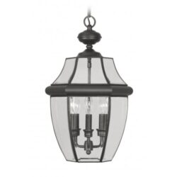 3 Light Black Outdoor Chain Lantern Pendant Lighting Fixture with Clear Beveled Glass Shade-Lighting LumensLantern