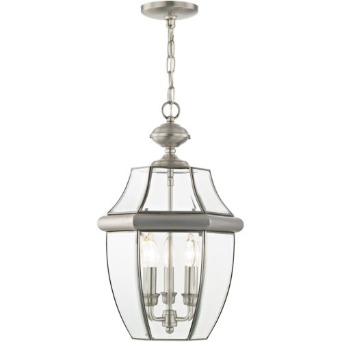 3 Light Brushed Nickel Outdoor Chain Lantern Pendant Lighting Fixture with Clear Beveled Glass Shade-Lighting LumensLantern