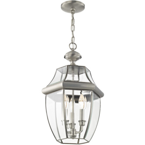 3 Light Brushed Nickel Outdoor Chain Lantern Pendant Lighting Fixture with Clear Beveled Glass Shade-Lighting LumensLantern