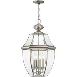 4 Light Brushed Nickel Outdoor Chain Lantern Pendant Lighting Fixture with Clear Beveled Glass Shade-Lighting LumensLantern