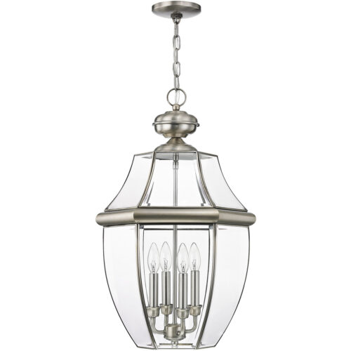 4 Light Brushed Nickel Outdoor Chain Lantern Pendant Lighting Fixture with Clear Beveled Glass Shade-Lighting LumensLantern