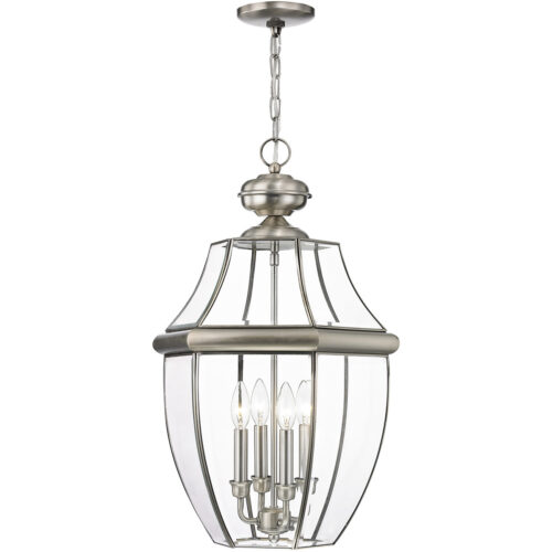 4 Light Brushed Nickel Outdoor Chain Lantern Pendant Lighting Fixture with Clear Beveled Glass Shade-Lighting LumensLantern