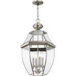 4 Light Brushed Nickel Outdoor Chain Lantern Pendant Lighting Fixture with Clear Beveled Glass Shade-Lighting LumensLantern