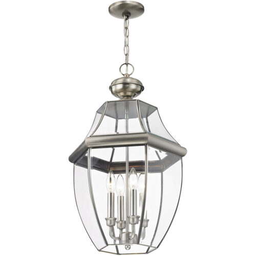 4 Light Brushed Nickel Outdoor Chain Lantern Pendant Lighting Fixture with Clear Beveled Glass Shade-Lighting LumensLantern