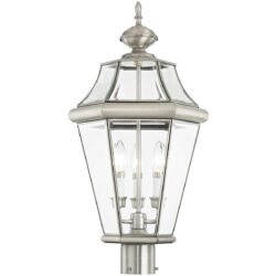 3 Light Brushed Nickel Outdoor Post Lantern Pendant Lighting Fixture with Clear Beveled Glass Shade-Lighting LumensLantern