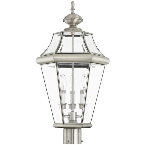 3 Light Brushed Nickel Outdoor Post Lantern Pendant Lighting Fixture with Clear Beveled Glass Shade-Lighting LumensLantern