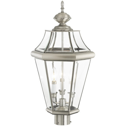 3 Light Brushed Nickel Outdoor Post Lantern Pendant Lighting Fixture with Clear Beveled Glass Shade-Lighting LumensLantern