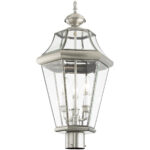 3 Light Brushed Nickel Outdoor Post Lantern Pendant Lighting Fixture with Clear Beveled Glass Shade-Lighting LumensLantern