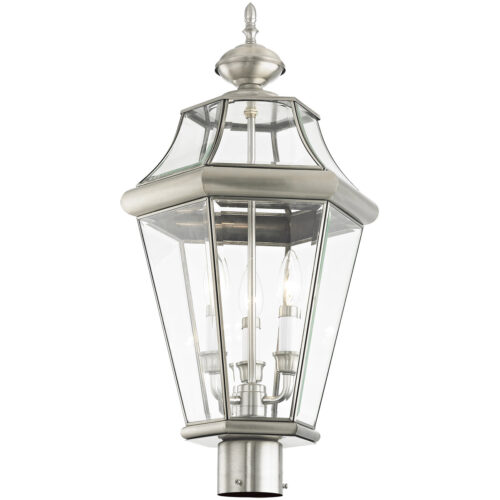 3 Light Brushed Nickel Outdoor Post Lantern Pendant Lighting Fixture with Clear Beveled Glass Shade-Lighting LumensLantern