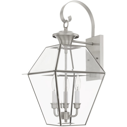 12 inch 3 Light Brushed Nickel Outdoor Wall Lantern Pendant Lighting Fixture with Clear Beveled Glass Shade-Lighting LumensLantern