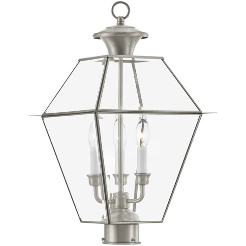 12 inch 3 Light Brushed Nickel Post-Top Lantern Pendant Lighting Fixture with Clear Beveled Glass Shade-Lighting LumensLantern