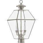 12 inch 3 Light Brushed Nickel Post-Top Lantern Pendant Lighting Fixture with Clear Beveled Glass Shade-Lighting LumensLantern