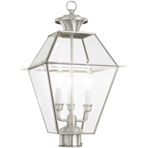 12 inch 3 Light Brushed Nickel Post-Top Lantern Pendant Lighting Fixture with Clear Beveled Glass Shade-Lighting LumensLantern