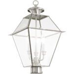 12 inch 3 Light Brushed Nickel Post-Top Lantern Pendant Lighting Fixture with Clear Beveled Glass Shade-Lighting LumensLantern