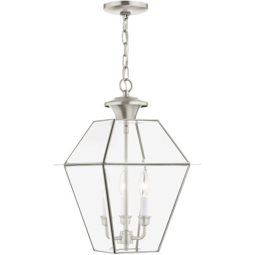 12 inch 3 Light Brushed Nickel Outdoor Chain-Hang Lantern Pendant Lighting Fixture with Clear Beveled Glass Shade-Lighting LumensLantern