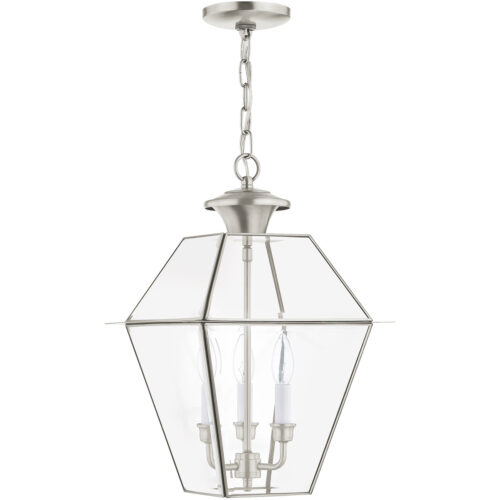 12 inch 3 Light Brushed Nickel Outdoor Chain-Hang Lantern Pendant Lighting Fixture with Clear Beveled Glass Shade-Lighting LumensLantern