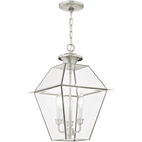 12 inch 3 Light Brushed Nickel Outdoor Chain-Hang Lantern Pendant Lighting Fixture with Clear Beveled Glass Shade-Lighting LumensLantern