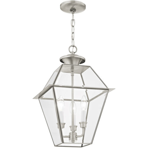 12 inch 3 Light Brushed Nickel Outdoor Chain-Hang Lantern Pendant Lighting Fixture with Clear Beveled Glass Shade-Lighting LumensLantern