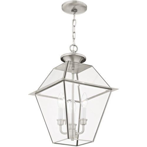 12 inch 3 Light Brushed Nickel Outdoor Chain-Hang Lantern Pendant Lighting Fixture with Clear Beveled Glass Shade-Lighting LumensLantern