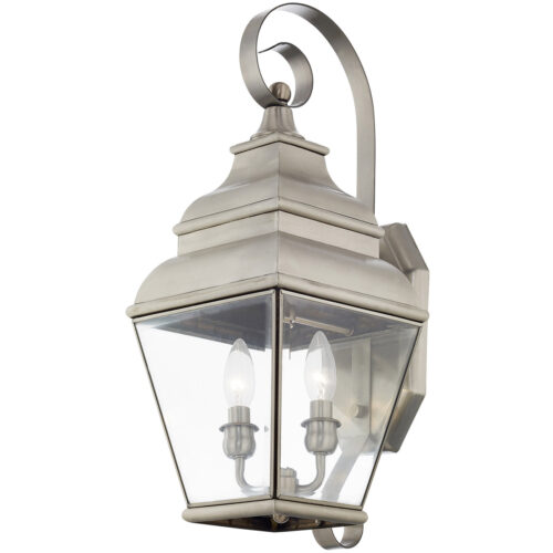 8 inch 2 Light Brushed Nickel Outdoor Wall Lantern Pendant Lighting Fixture with Clear Beveled Glass Shade-Lighting LumensLantern