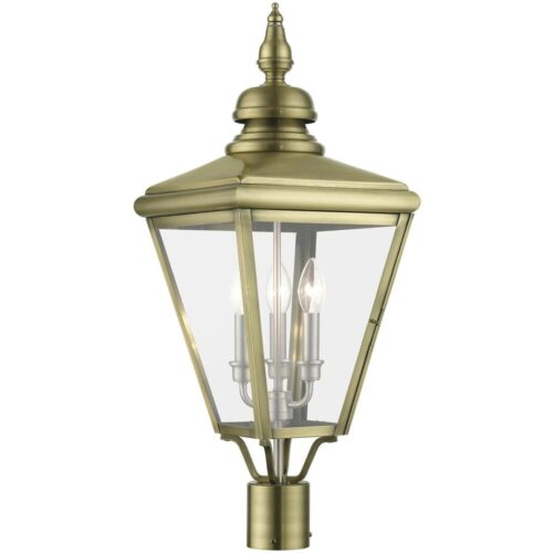 27375-01 3 Light Antique Brass Outdoor Large Post Top Lantern with Brushed Nickel Finish Cluster-Lighting LumensLantern