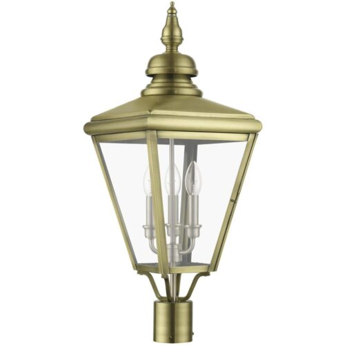 27375-01 3 Light Antique Brass Outdoor Large Post Top Lantern with Brushed Nickel Finish Cluster-Lighting LumensLantern