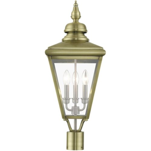 27375-01 3 Light Antique Brass Outdoor Large Post Top Lantern with Brushed Nickel Finish Cluster-Lighting LumensLantern