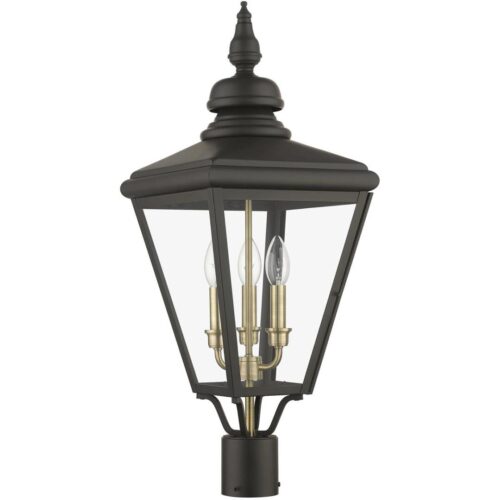 27375-07 3 Light Bronze Outdoor Large Post Top Lantern with Antique Brass Finish Cluster-Lighting LumensLantern