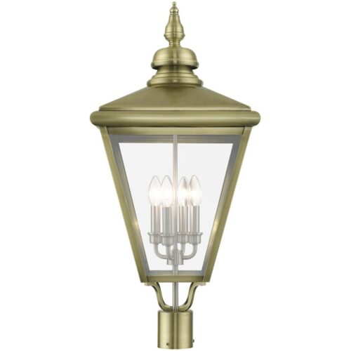 27376-01 4 Light Antique Brass Outdoor Extra Large Post Top Lantern with Brushed Nickel Finish Cluster-Lighting LumensLantern