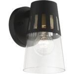 27971-04 1 Light Black Outdoor Small Wall Lantern with Soft Gold Finish Accents-Lighting LumensLantern