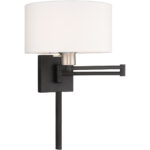 11 inch 1 Light Black Swing Arm Wall Lamp with Hand Crafted Off-White Fabric Hardback Shade-Lighting LumensWall Lamps