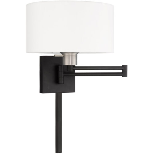 11 inch 1 Light Black Swing Arm Wall Lamp with Hand Crafted Off-White Fabric Hardback Shade-Lighting LumensWall Lamps