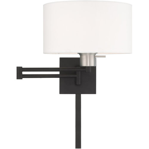 11 inch 1 Light Black Swing Arm Wall Lamp with Hand Crafted Off-White Fabric Hardback Shade-Lighting LumensWall Lamps