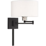 11 inch 1 Light Black Swing Arm Wall Lamp with Hand Crafted Off-White Fabric Hardback Shade-Lighting LumensWall Lamps