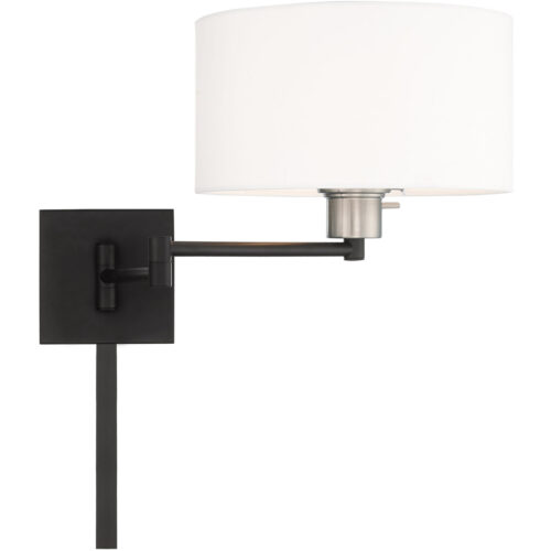 11 inch 1 Light Black Swing Arm Wall Lamp with Hand Crafted Off-White Fabric Hardback Shade-Lighting LumensWall Lamps