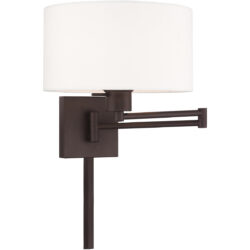 11 inch 1 Light Bronze Swing Arm Wall Lamp with Hand Crafted Off-White Fabric Hardback Shade-Lighting LumensWall Lamps