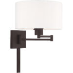 11 inch 1 Light Bronze Swing Arm Wall Lamp with Hand Crafted Off-White Fabric Hardback Shade-Lighting LumensWall Lamps