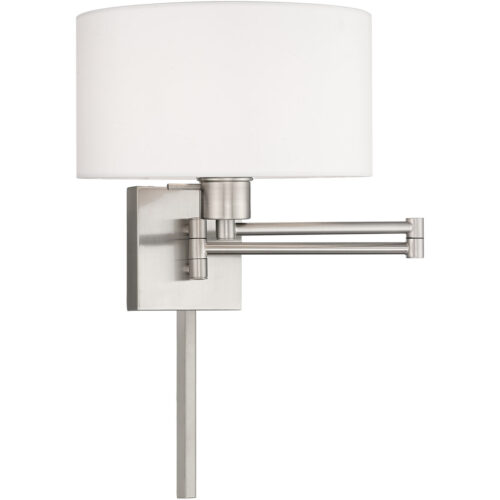 11 inch 1 Light Brushed Nickel Swing Arm Wall Lamp with Hand Crafted Off-White Fabric Hardback Shade-Lighting LumensWall Lamps