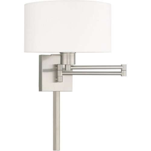 11 inch 1 Light Brushed Nickel Swing Arm Wall Lamp with Hand Crafted Off-White Fabric Hardback Shade-Lighting LumensWall Lamps