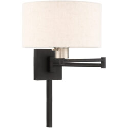 11 inch 1 Light Black Swing Arm Wall Lamp with Hand Crafted Oatmeal Fabric Hardback Shade-Lighting LumensWall Lamps