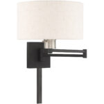 11 inch 1 Light Black Swing Arm Wall Lamp with Hand Crafted Oatmeal Fabric Hardback Shade-Lighting LumensWall Lamps