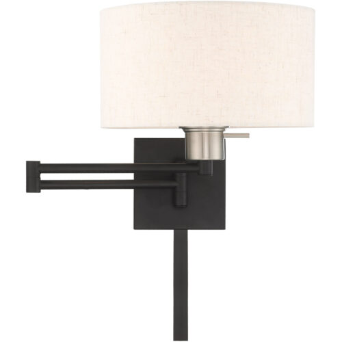 11 inch 1 Light Black Swing Arm Wall Lamp with Hand Crafted Oatmeal Fabric Hardback Shade-Lighting LumensWall Lamps