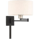 11 inch 1 Light Black Swing Arm Wall Lamp with Hand Crafted Oatmeal Fabric Hardback Shade-Lighting LumensWall Lamps