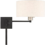 11 inch 1 Light Black Swing Arm Wall Lamp with Hand Crafted Oatmeal Fabric Hardback Shade-Lighting LumensWall Lamps