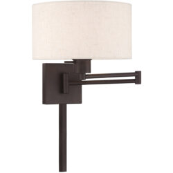 11 inch 1 Light Bronze Swing Arm Wall Lamp with Hand Crafted Oatmeal Fabric Hardback Shade-Lighting LumensWall Lamps